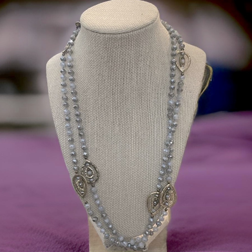 Vintage Gorgeous 48” beaded gray and silver necklace stamped JM.